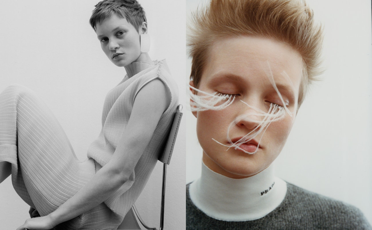 Vlevo: šaty, JIL SANDER, vpravo: top, PRADA