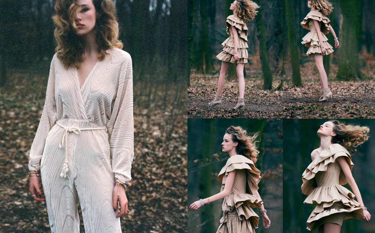 Vlevo: overal, NANUSHKA, na vyžádání v The Store; šperky, PANDORA, prodává PANDORA, 1 199 Kč.  Vpravo: koktejlky s volány, H&M Conscious Exclusive, koktejlky s volány prodává H&M, 3 999 Kč; šperky, PANDORA, prodává PANDORA, 1 449 Kč; boty, GINO ROSSI, prodává CCC, 2599 Kč.
