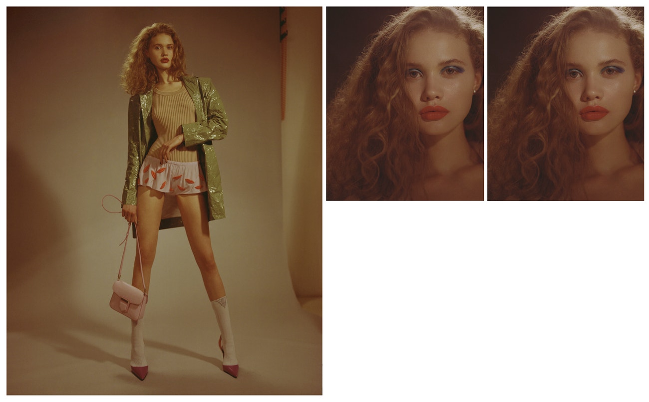 Kabát, top, obojí COS; kraťásky, ZUZANA KUBÍČKOVÁ; kabelka, GIVENCHY (prodává Pařížská 17); ponožky, PRADA; lodičky, VERSACE; náušnice, PEET DULLAERT.