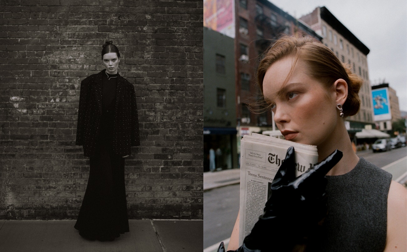 Vlevo: šaty AZULU, sako SANDRO, náhrdelník SAZINGG, BOTTEGA VENETA; vpravo: top MAISON MARGIELA, rukavice CYNTHIA ROWLEY, náušnice JUSTINE CLENQUET