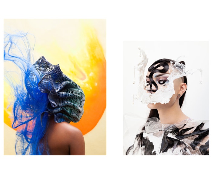 Vlevo: maska, Kira Goodey.  Vpravo: maska, Gregory Kara; šaty, Adam Frost.