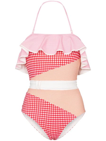 Kostkované plavky s volánem, Marysia, prodává Farfetch.com, 406 €
