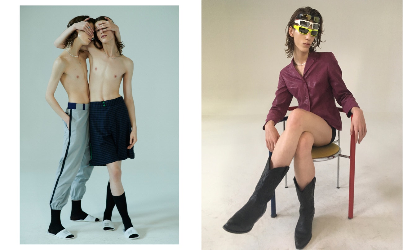 Vlevo: kalhoty, šortky, obojí MARNI; prsten, řetízek, obojí VINTAGE.  Vpravo: sako, VINTAGE; brýle, PRADA; boty, JOE SANCHEZ.