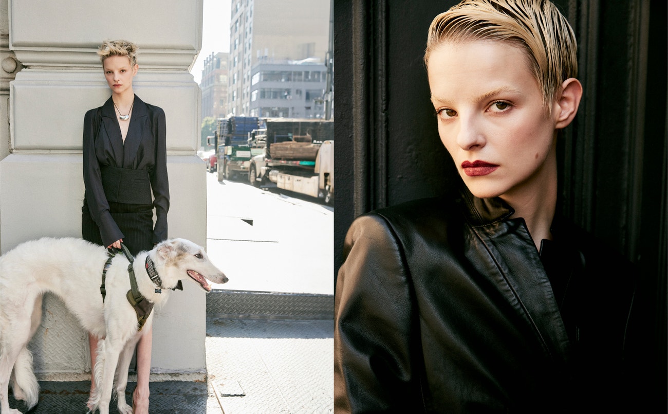 Vlevo: top a sukně BOSS, náhrdelník TIFFANY&CO, boty JIMMY CHOO; vpravo: sako a top BRANDON MAXWELL
