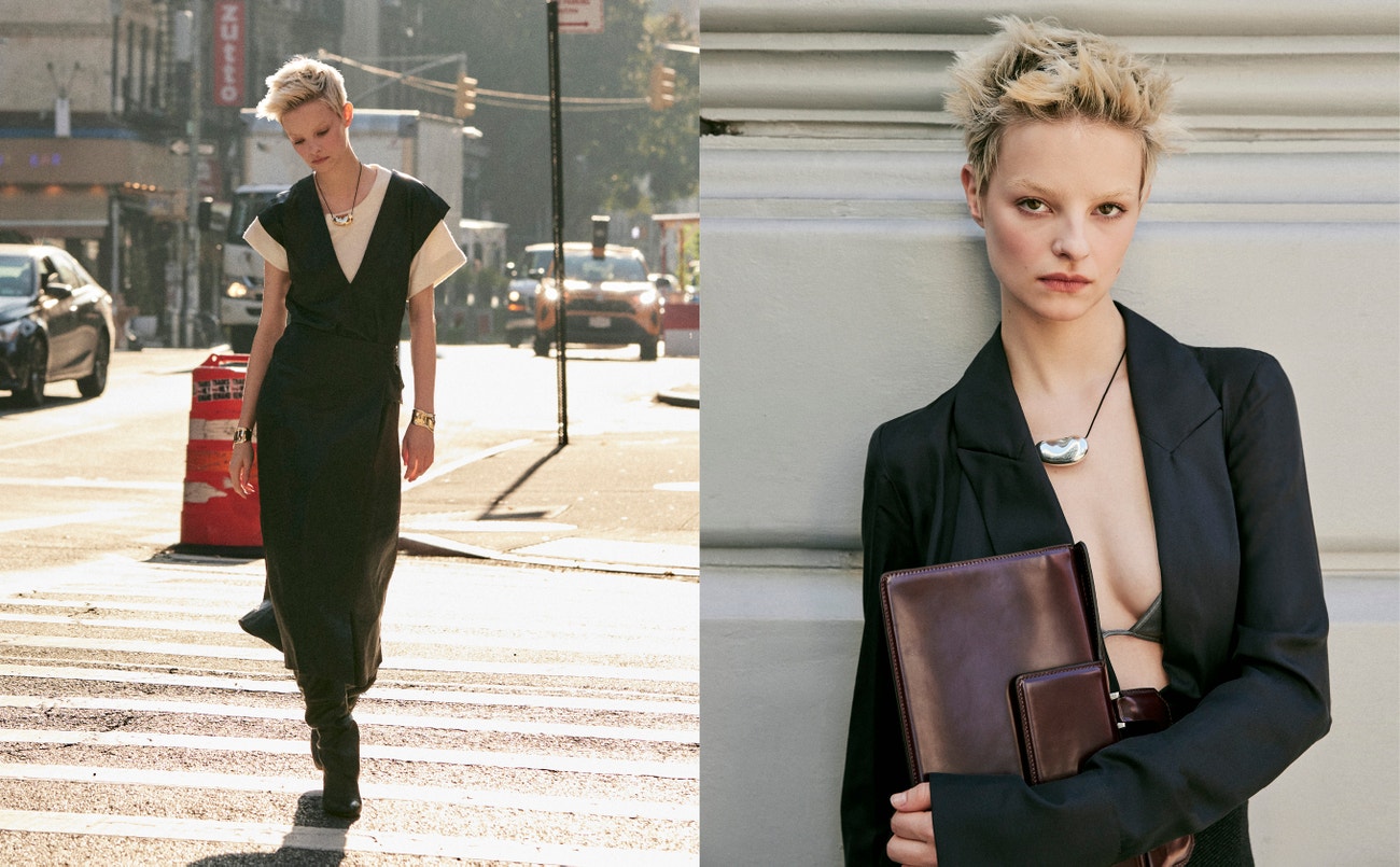 Vlevo: kompletní look PROENZA SCHOULER, náhrdelník a náramky TIFFANY&CO; vpravo: top a sukně BOSS, boty JIMMY CHOO, náhrdelník TIFFANY&CO