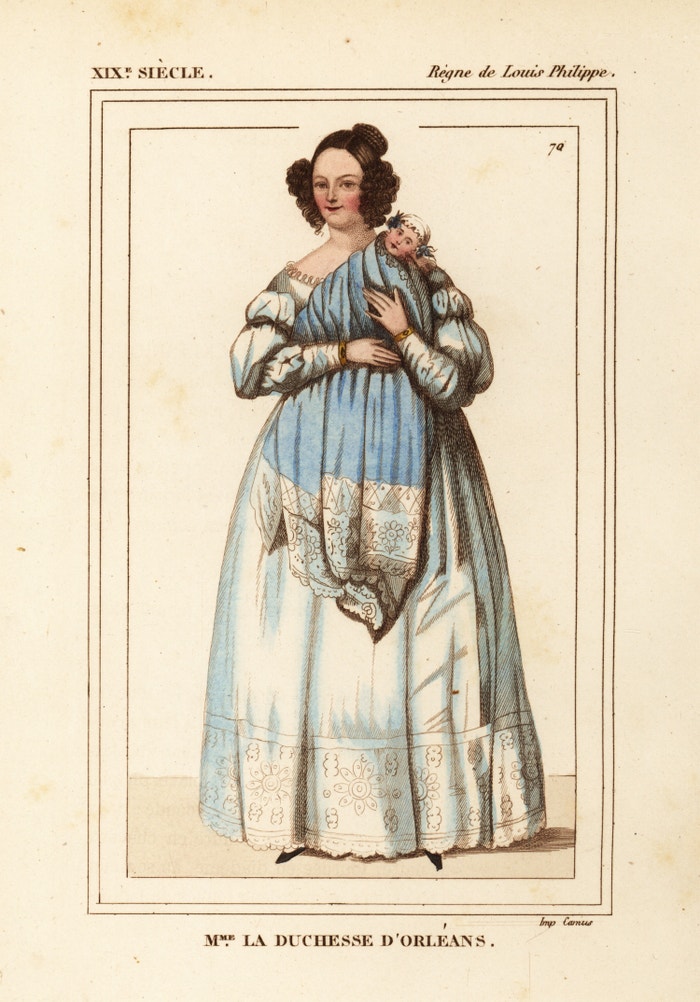 Helene-Louise-Elisabeth de Mecklenburg-Schwerin, hraběnka Orleánská, 1814-1858. V náručí drží svého syna Filipa v modré zavinovačce