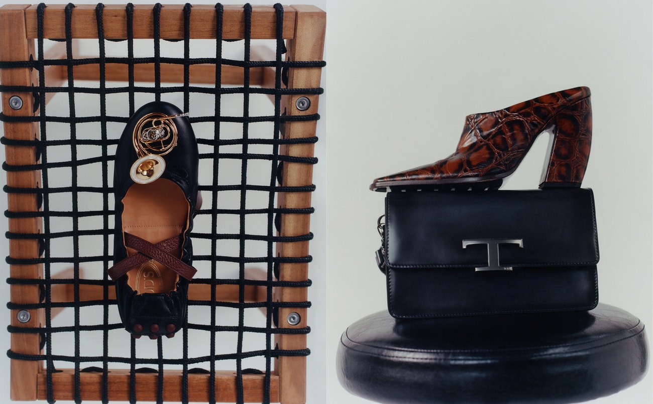 Vlevo: boty TOD'S, brož LOUIS VUITTON; vpravo: boty BOTTEGA VENETA, kabelka TOD'S
