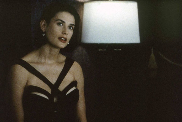 Demi Moore in Indecent Proposal, 1993. For her date with Robert Redford's character, the tycoon John Gage, Diana Murphy (Moore) wears a dress by Thierry Mugler from the Ready-to-Wear Spring/Summer 1992 "Cowboys" collection.