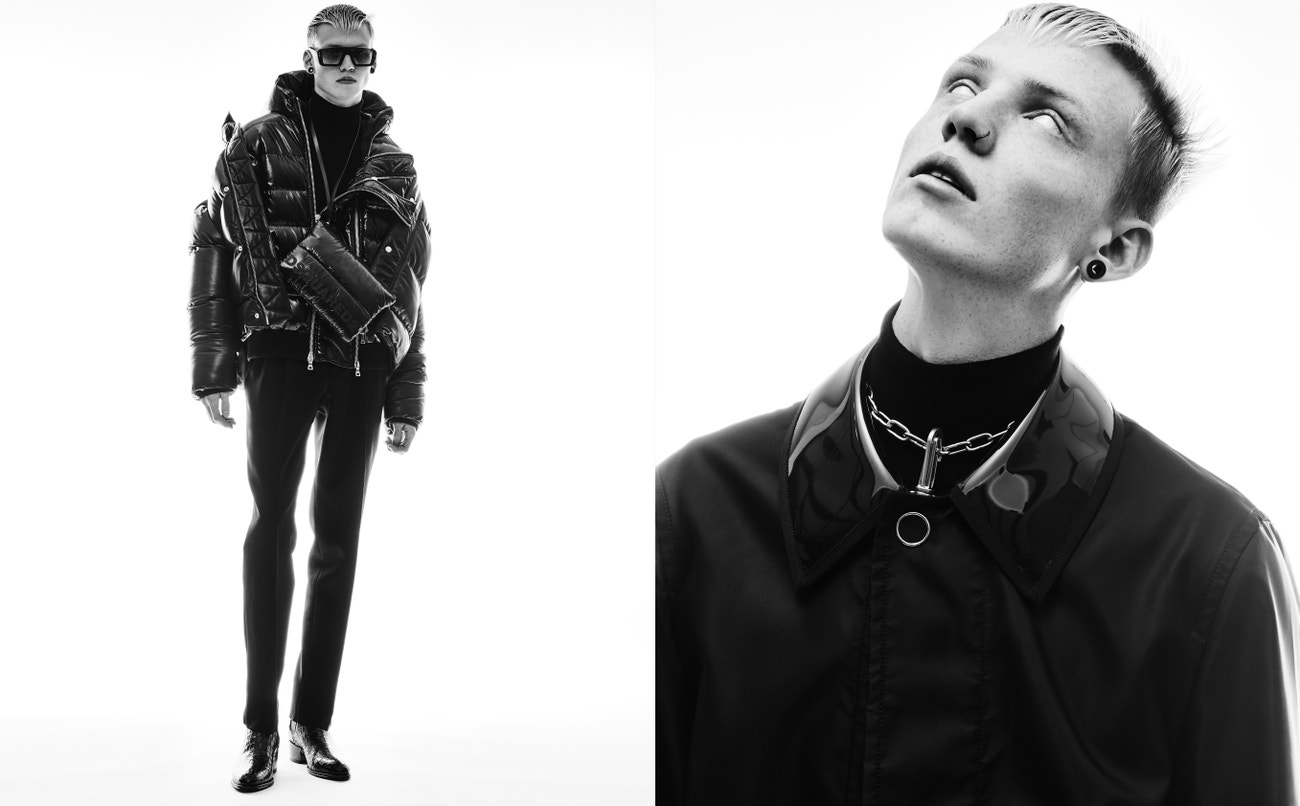 Vlevo: _ rolák, Dsquared2; bunda, Balmain; bunda, Dsquared2; kalhoty, Alexander McQueen; sluneční brýle, Diesel; boty, Giuseppe Zanotti; ledvinka, Dsquared2.  Vpravo:  rolák, Dsquared2; kabát, Burberry; řetězec_, Diesel.