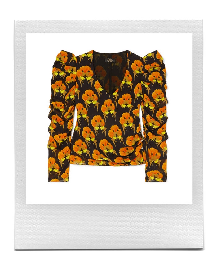 Gin wrap-effect ruched printed crepe top, De La Vali, sold by Net-a-Porter, 320 €