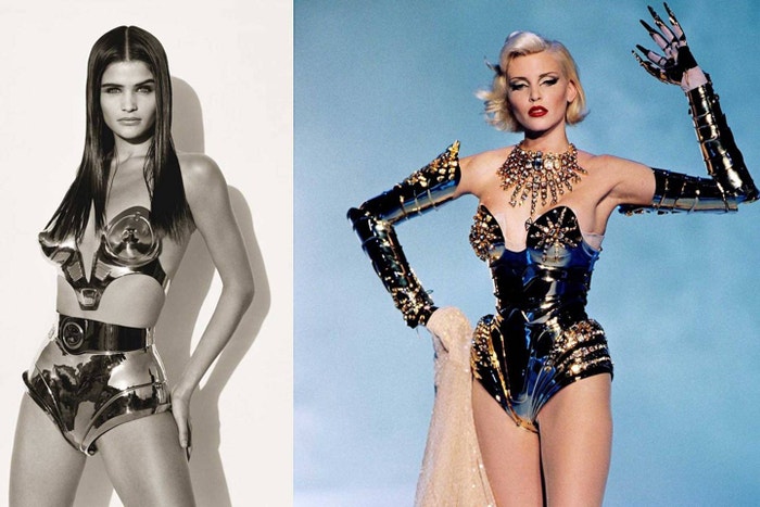 Mugler is renowned for his metallic effects. Left: Helena Christensen (left) wearing a silver metal srapless bra from the Thierry Mugler Ready-to-Wear Spring/Summer 1991 "Super Star Diana Ross" collection and shorts by Jean-Pierre Delcros. Right: Nadja Auermann wearing a gold metal bodysuit with inlaid rhinestones, gold leather, and diamanté gloves and corset by Jean-Pierre Delcros. From the Thierry Mugler Ready-to-Wear Autumn/Winter 1995 collection, "Twentieth Anniversary at the Cirque d'Hiver"