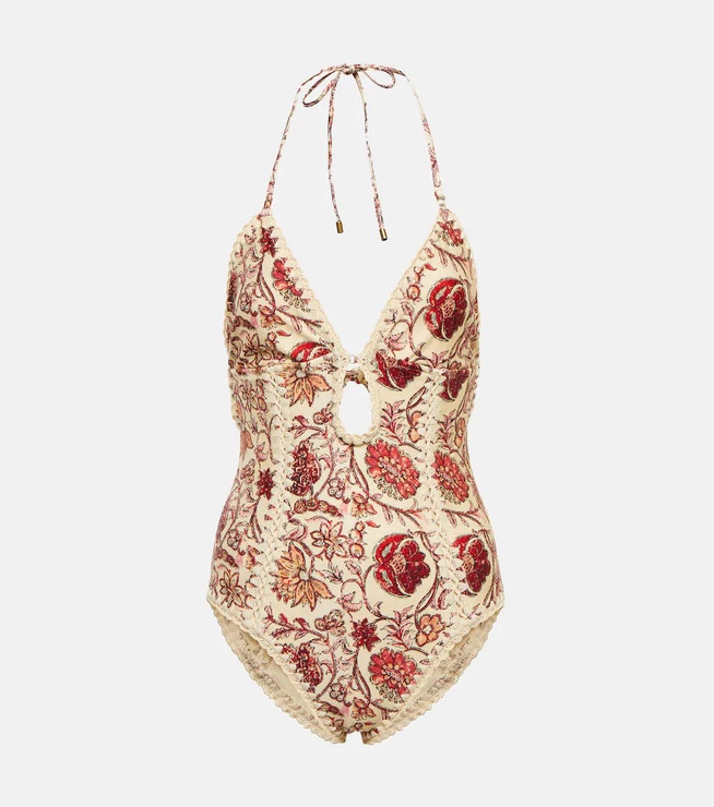 Vitali Keyhole Crochet printed swimsuit, ZIMMERMANN, prodává Mytheresa, 335 €