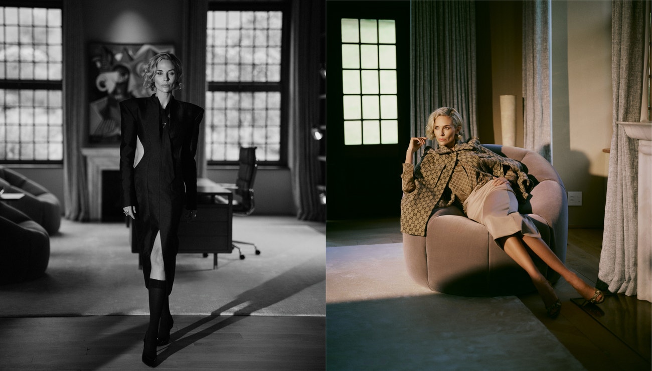 Left: Dress NORMANDO, shoes PRADA, black socks CALZEDONIA, black tie PRADA, rings ALEXANDER MCQUEEN, SWAROVSKI; right: Blazer, shoes and shirt GUCCI, skirt SPLASH