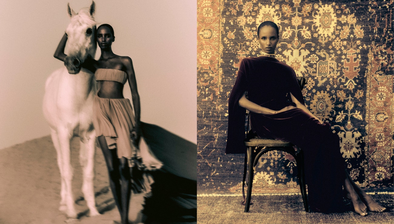 Vlevo: šaty ALAÏA; vpravo: šaty a choker, obojí DIOR, náušnice ALEXIS BITTAR