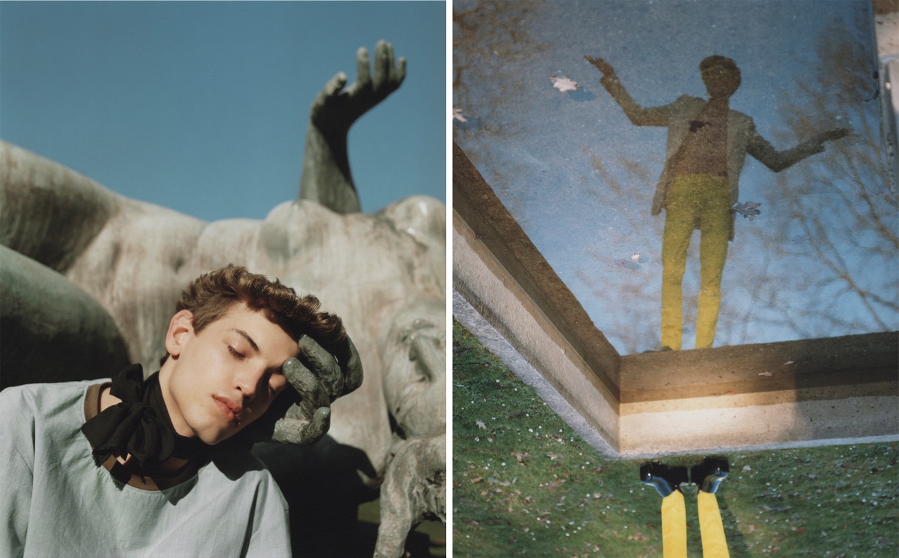 Vlevo: triko, DGRD Clothing; šátek, stylisty vlastní.  Vpravo: sako, Dior; triko, DGRD Clothing; kalhoty, sluneční brýle, boty, vše Walter Van Beirendonck.