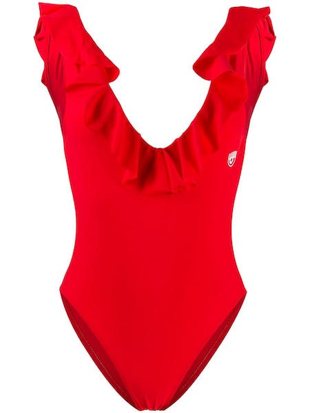 Červené plavky s volánkem, Chiara Ferragni Collection, prodává ChiaraFerragniCollection.com, 175 €