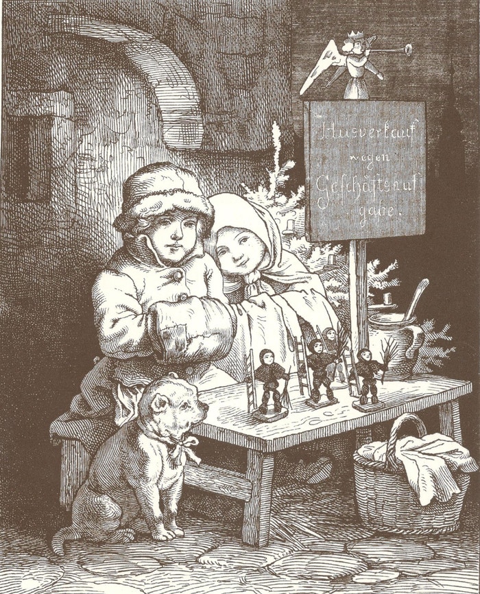 Drážďanský Striezelmarkt na rytině Ludwiga Richtera (1853). V té době začaly trhy čelit konkurenci a sázet na nostalgii.