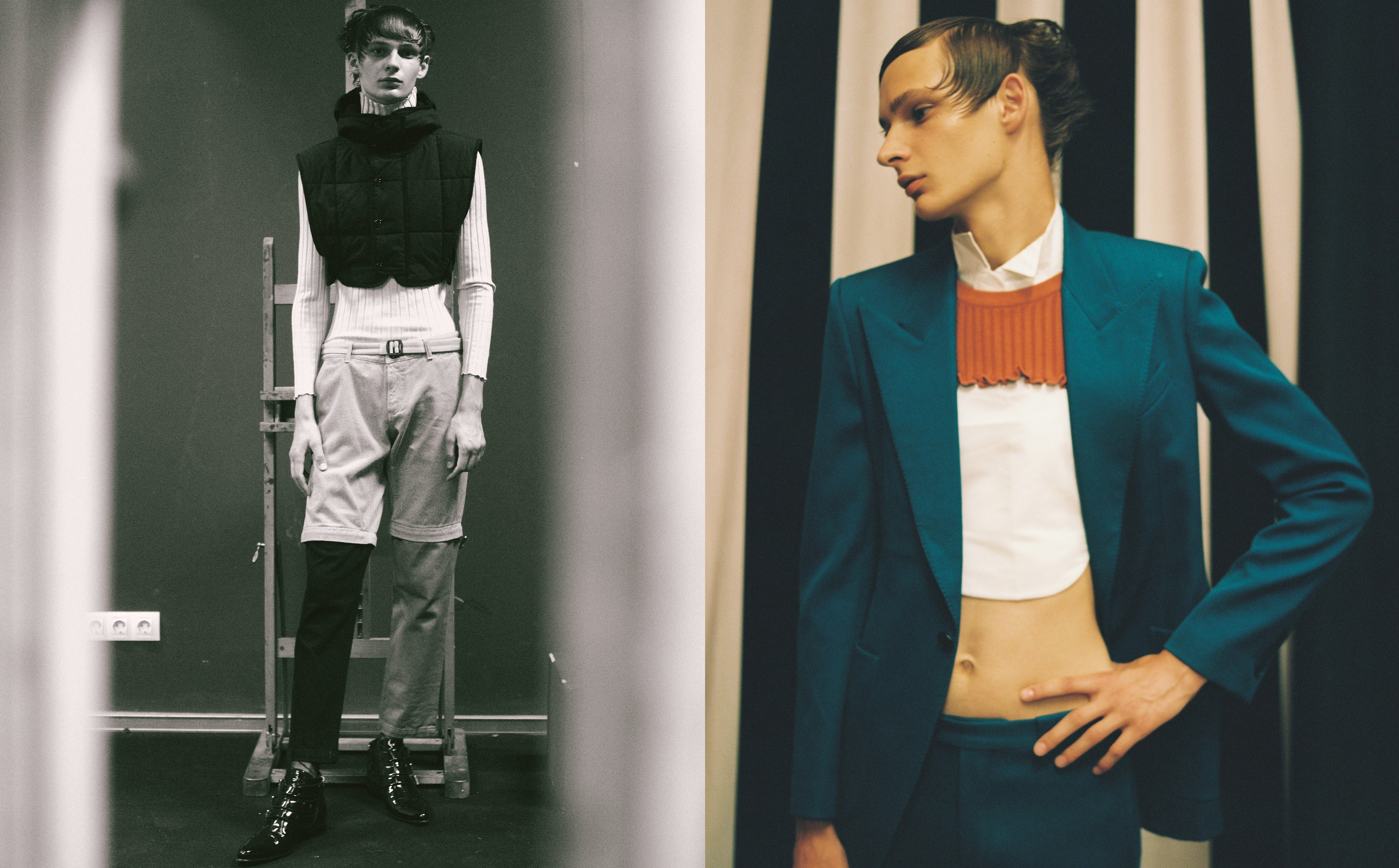 Vlevo: svetr, vesta, obojí Dries Van Noten; kraťasy, Kenzo. Vpravo: sako, kalhoty, obojí Givenchy; košile, Carlota Barrera; svetr, Peet Dullaert; boty, Givenchy. Vlevo: svetr, vesta, obojí Dries Van Noten; kraťasy, Kenzo. Vpravo: sako, kalhoty, obojí Givenchy; košile, Carlota Barrera; svetr, Peet Dullaert; boty, Givenchy.