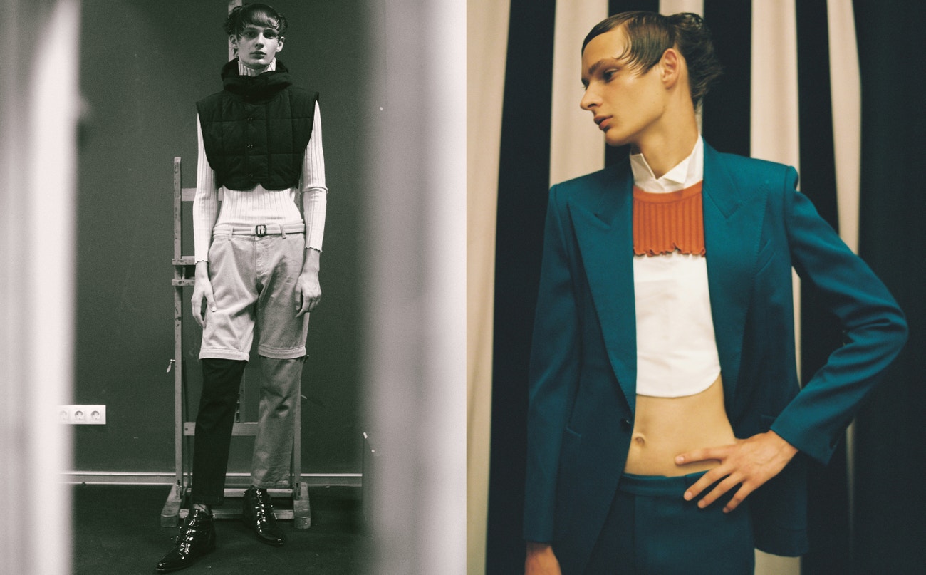 Vlevo: svetr, vesta, obojí Dries Van Noten; kraťasy, Kenzo.  Vpravo: sako, kalhoty, obojí Givenchy; košile, Carlota Barrera; svetr, Peet Dullaert; boty, Givenchy.