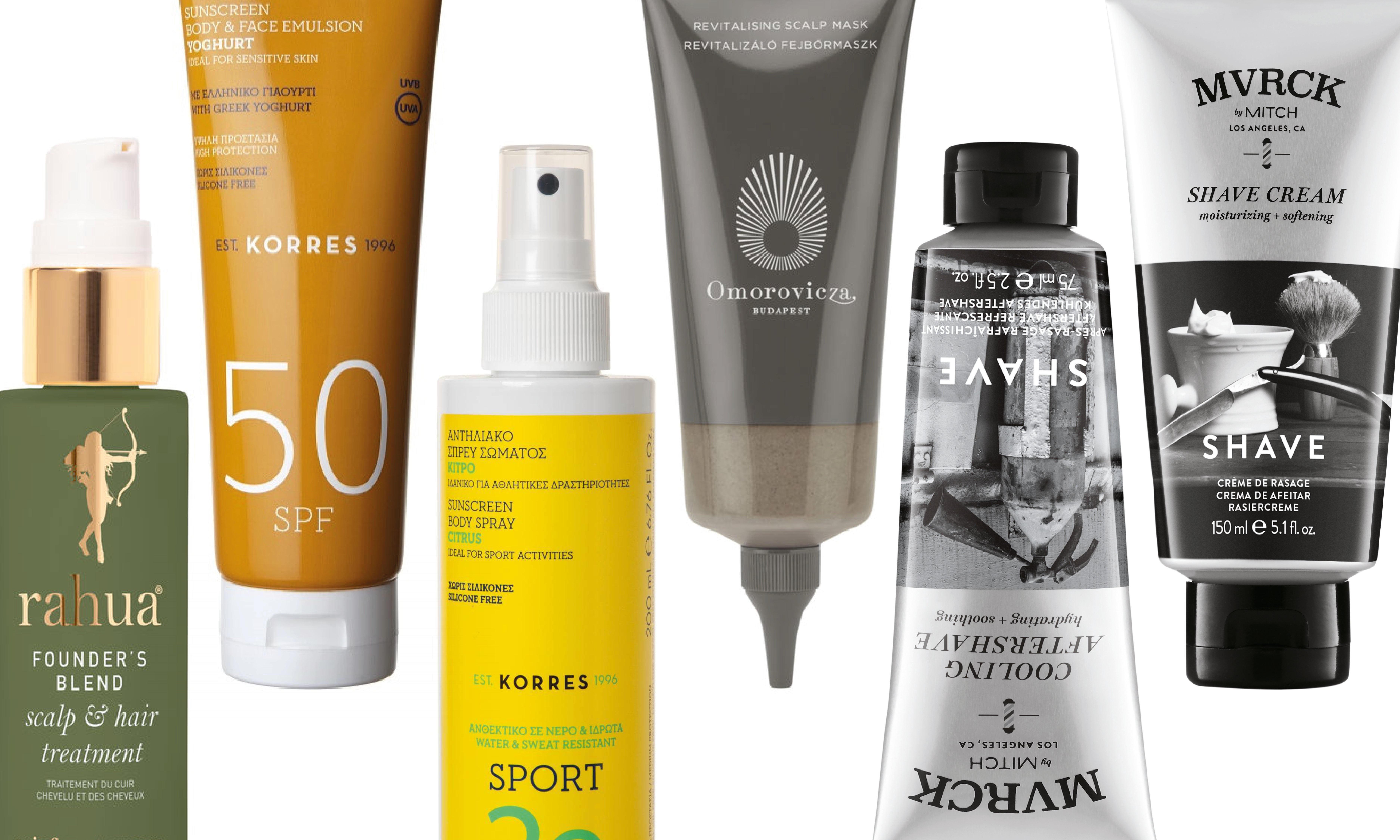 Péče na vlasy a pokožku hlavy Founder’s Blend, Rahua (prodává Ingredients), 38 ml za 1200 Kč; opalovací emulze na obličej a tělo Yoghurt s SPF 50, Korres (prodává Korres), 250 ml za 799 Kč; olej na opalování Sport s SPF 20, Korres (prodává Korres), 200 ml za 599 Kč; revitalizační maska na pokožku hlavy Revitalising Scalp Mask, Omorovicza (prodává Ingredients), 200 ml za 1700 Kč; zklidňující aftershave MVRCK, Paul Mitchell (prodává Paul Mitchell), 75 ml za 559 Kč; krém na holení MVRCK, Paul Mitchell (prodává Paul Mitchell), 150 ml za 459 Kč Péče na vlasy a pokožku hlavy Founder’s Blend, Rahua (prodává Ingredients), 38 ml za 1200 Kč; opalovací emulze na obličej a tělo Yoghurt s SPF 50, Korres (prodává Korres), 250 ml za 799 Kč; olej na opalování Sport s SPF 20, Korres (prodává Korres), 200 ml za 599 Kč; revitalizační maska na pokožku hlavy Revitalising Scalp Mask, Omorovicza (prodává Ingredients), 200 ml za 1700 Kč; zklidňující aftershave MVRCK, Paul Mitchell (prodává Paul Mitchell), 75 ml za 559 Kč; krém na holení MVRCK, Paul Mitchell (prodává Paul Mitchell), 150 ml za 459 Kč