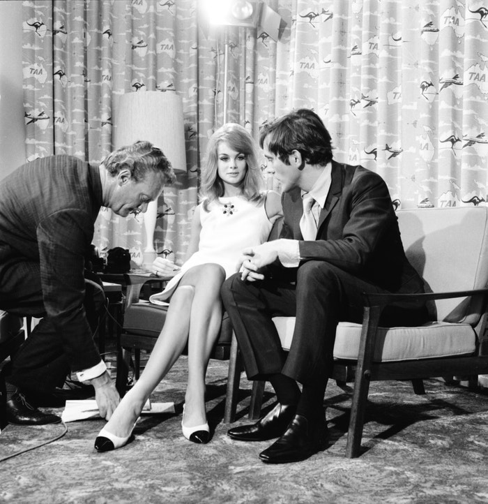 Jean Shrimpton and her companion, British actor Terence Stamp, attend a press conference in Melbourne, Australia in 1965.