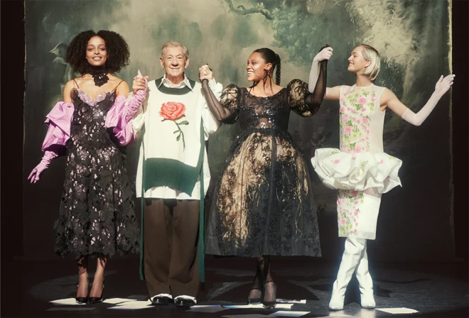 The brightest lights in the British theatre scene are helping to orchestrate Vogue World: London, with Stephen Daldry as well as director Emily Burns and producer Fran Miller – both of the National Theatre – coordinating the staging of the event. Above, Ian McKellen teaches models Kesewa Aboah, Alva Claire and Jean Campbell how to master the art of the bow.