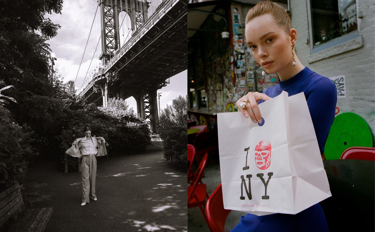Vlevo: košile KHAITE, bunda MAX MARA, kalhoty STAUD, boty STUART WEITZMAN; Vpravo: šaty STELLA MCCARTNEY, náušnice SAZINGG, prsten SAZINGG, boty SCHUTZ