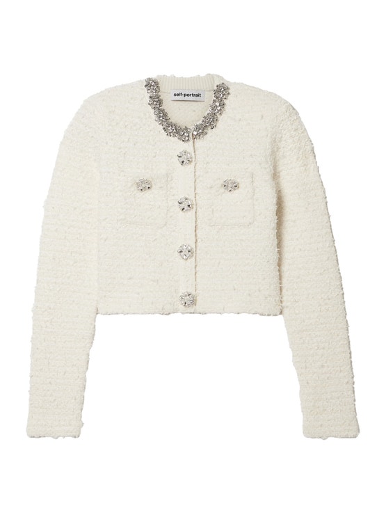 Kardigan zdobený kamínkovými detaily z bavlněné buklé směsi, SELF-PORTRAIT, 475 €