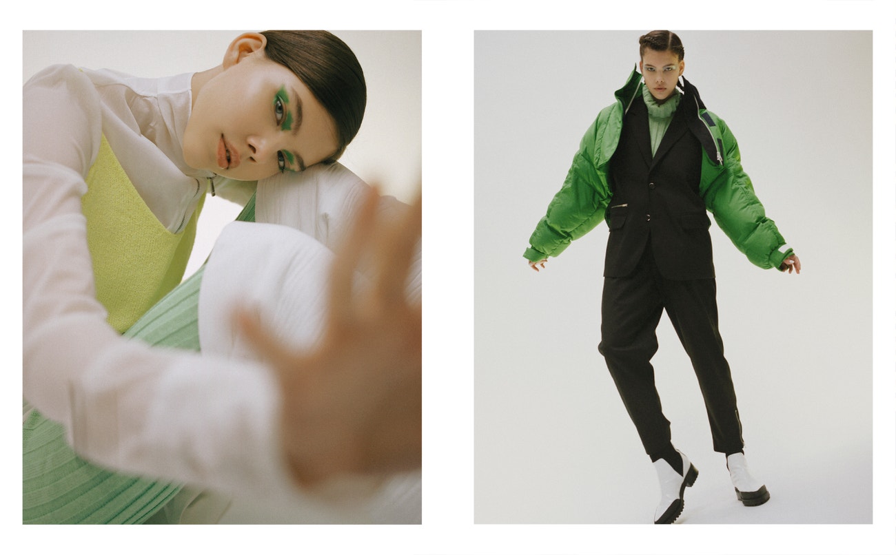 Vlevo: šaty, boty, obojí Jil Sander; top, kalhoty, obojí Federico Cina.  Vpravo: svetr, Federico Cina; sako, kalhoty, obojí Sayoung; bunda, Sportmax.