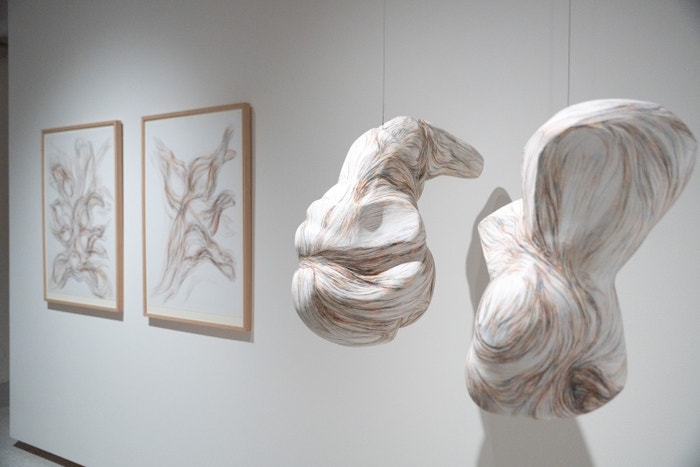 Filomena Borecká, Mysterium Coniunctionis, 2010, trojrozměrné kresby, recyklovaný polystyren, sádra, hedvábný papír, dva motory připevněné u stropu. Objekt je inspirovaný záhadou spojení v alchymii. V pozadí kresby z cyklu Vital Forces, 2015, barevná tužka Koh-I-Noor.