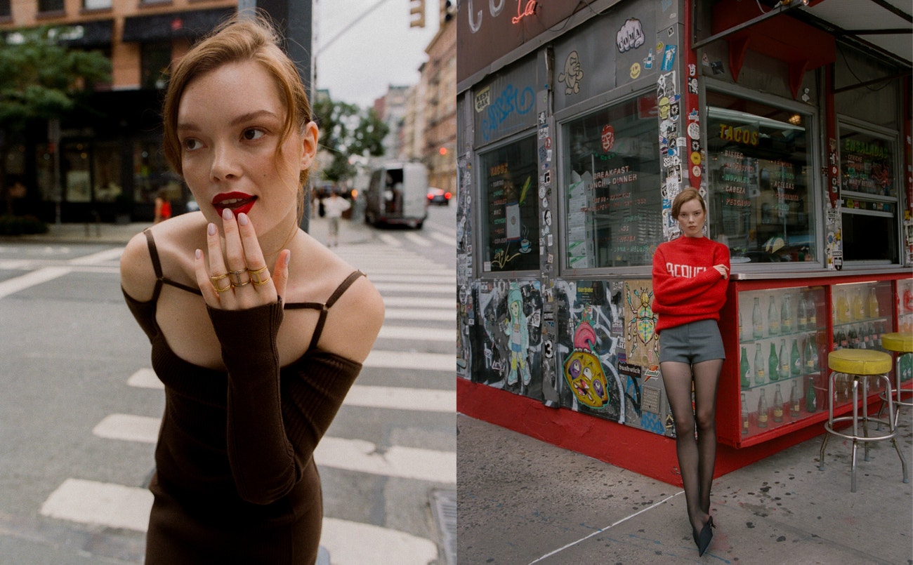 Vlevo: šaty JACQUEMUS, náušnice DIANA LECOMPTE; Vpravo: svetr JACQUEMUS, šortky FERRAGAMO, náušnice DIANA LECOMPTE, punčocháče CALZEDONIA, boty BALENCIAGA