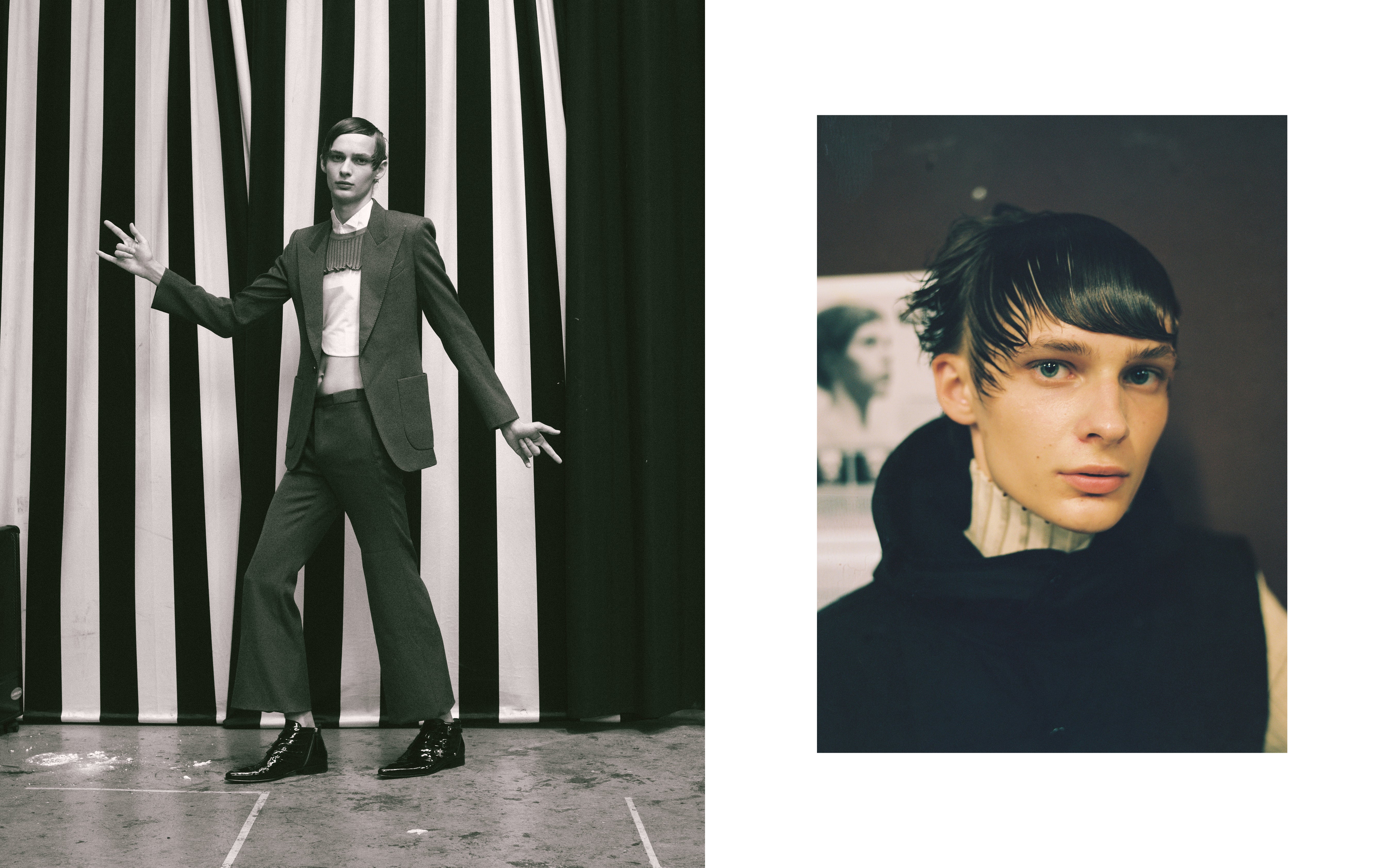 Vlevo: sako, kalhoty, obojí Givenchy; košile, Carlota Barrera; svetr, Peet Dullaert; boty, Givenchy. Vpravo: svetr, vesta, obojí Dries Van Noten. Vlevo: sako, kalhoty, obojí Givenchy; košile, Carlota Barrera; svetr, Peet Dullaert; boty, Givenchy. Vpravo: svetr, vesta, obojí Dries Van Noten.