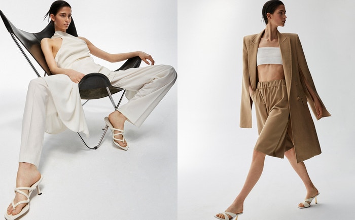 Vlevo: šaty a kalhoty, BOSS, sandále, JIMMY CHOO        Vpravo: plášť a bermudy, MAX MARA, top, ZARA, sandále, AQUAZZURA