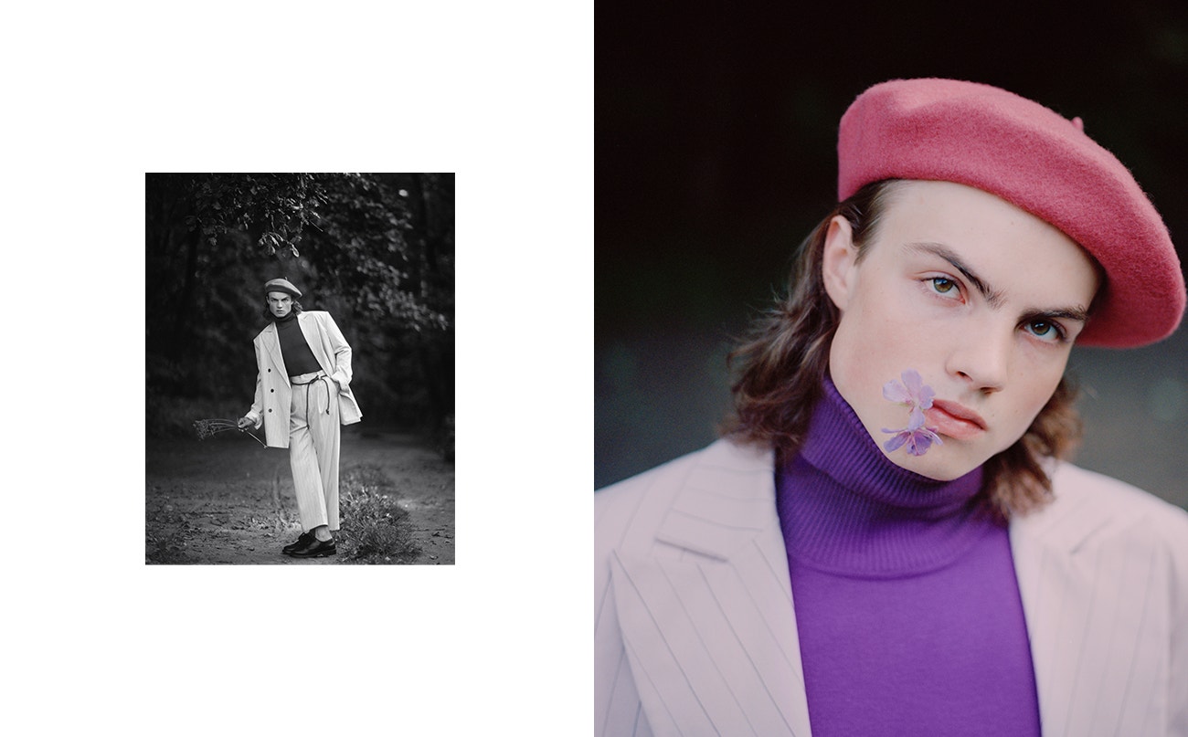 Baret Laulhere Violet; rolák, Marni; sako, kalhoty, obojí Andrew Ponomarev. Baret Laulhere Violet; rolák, Marni; sako, kalhoty, obojí Andrew Ponomarev.