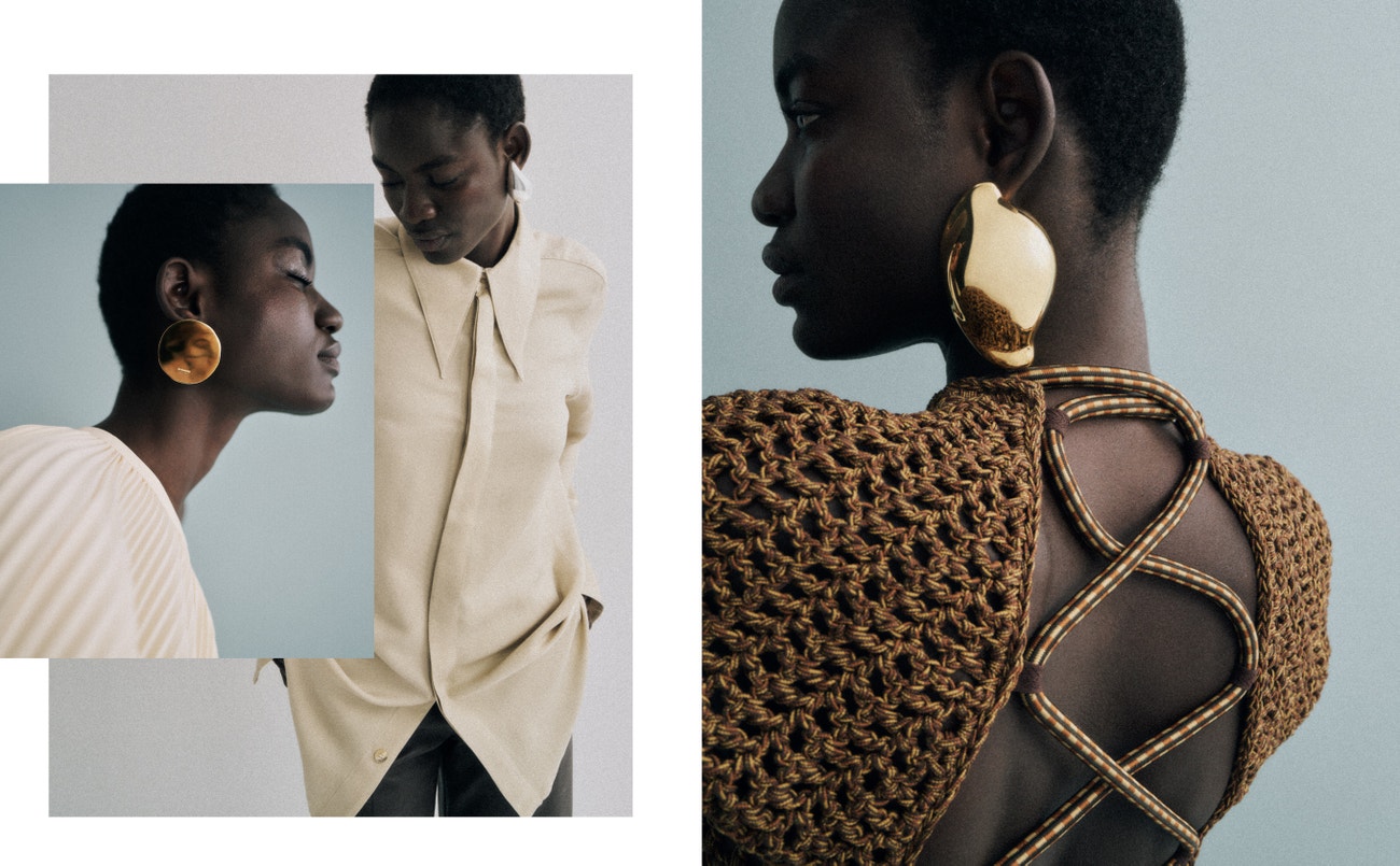 Levý detail: náušnice Jil Sander, top Jil Sander; vlevo: košile King & Tuckfield, kalhoty Hermes, náušnice Bottega Veneta; vpravo: náušnice Jacquemus, top Hermes