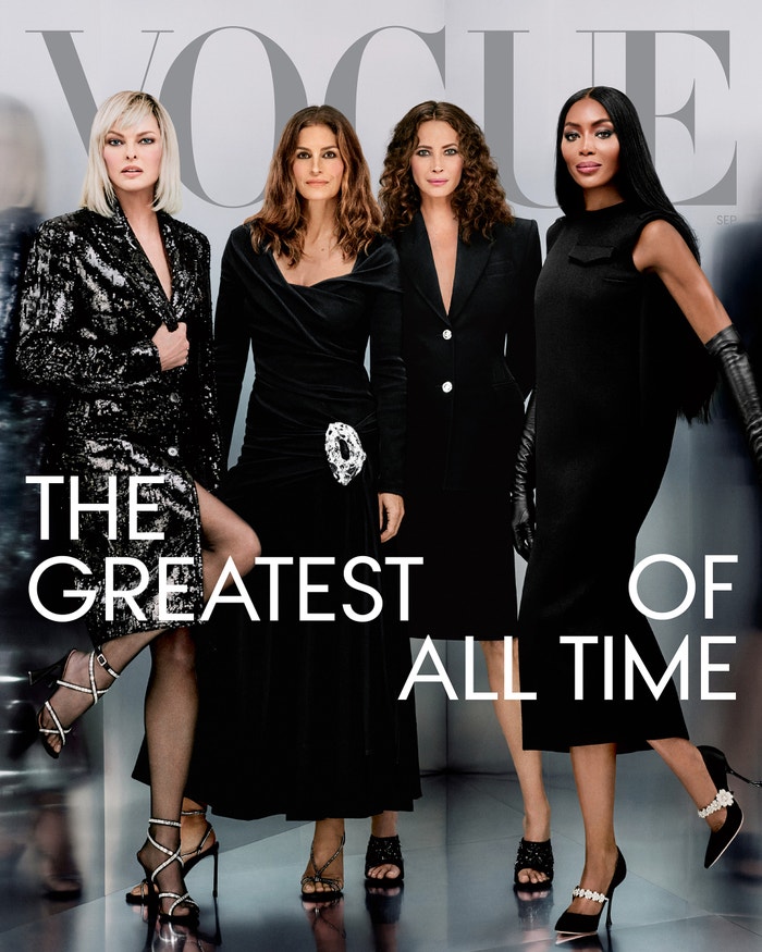 COVER STORY: Supers revisited. From left: Linda Evangelista wears a Michael Kors Collection coat. D’Accori shoes. Cindy Crawford wears a Bottega Veneta dress. Sergio Rossi shoes. Christy Turlington wears a Versace jacket, skirt, and shoes. Naomi Campbell wears a Prada dress. Paula Rowan gloves. Roger Vivier shoes. Fashion Editor: Edward EnninfulPhotographed by Rafael Pavarotti, Vogue, September 2023.
