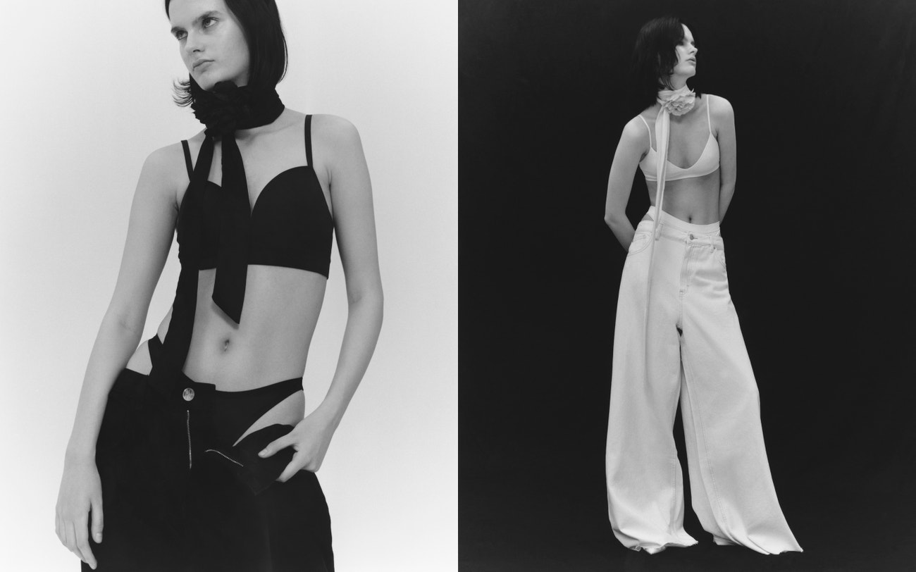 Vlevo: Kalhoty, Acne Studios; spodní prádlo, Wolford; šátek, Vintage.  Vpravo: Kalhoty, Jil Sander; spodní prádlo, Wolford.