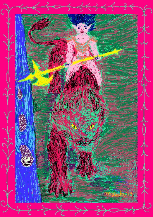 Elf with halberd riding a red lion with a sea serpent swimming alongside (digitální kresba)