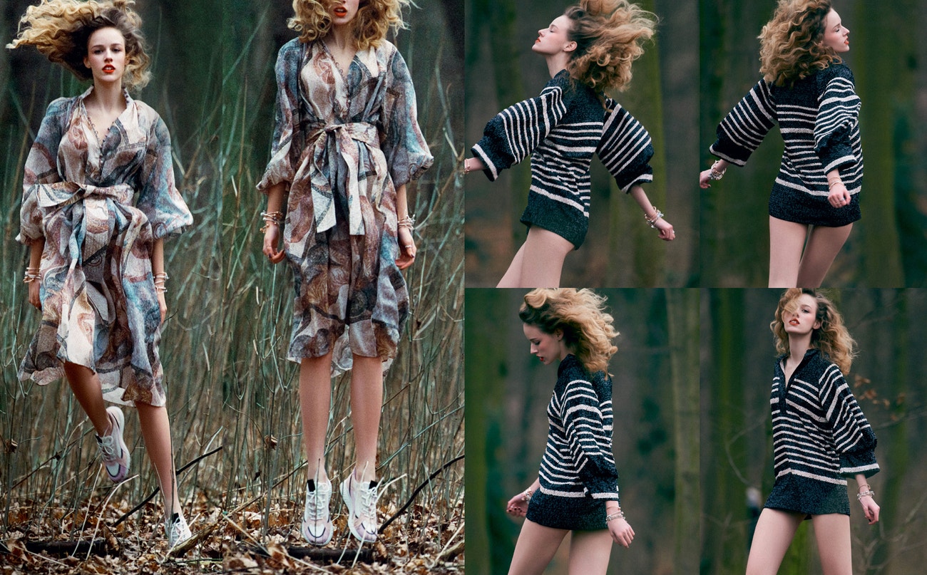 Vlevo: široké šaty z lyocellu, H&M Conscious Exclusive, prodává H&M, 3 999 Kč; šperky, PANDORA, prodává PANDORA, 3 599 Kč; tenisky, ECCO.  Vpravo: krátké flitrové šaty, H&M Conscious Exclusive, prodává H&M, 5 999 Kč; šperky, PANDORA, prodává PANDORA, 2 399 Kč.
