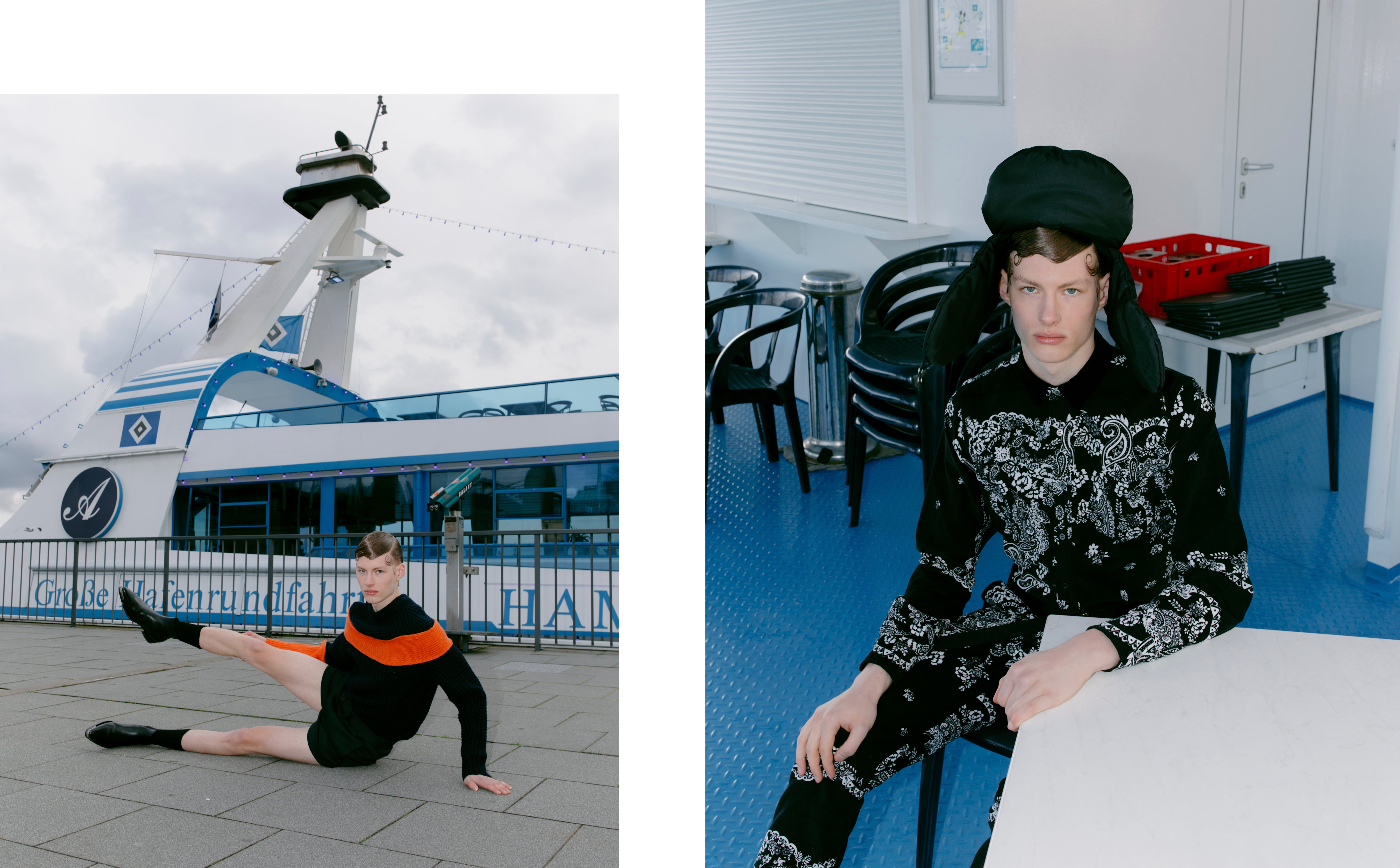 Vlevo: svetr, Sacai; šortky, ponožky, obojí Prada; boty, Givenchy. Vpravo: košile, kalhoty, pásek, vše Sacai; čepice, Prada. Vlevo: svetr, Sacai; šortky, ponožky, obojí Prada; boty, Givenchy. Vpravo: košile, kalhoty, pásek, vše Sacai; čepice, Prada.