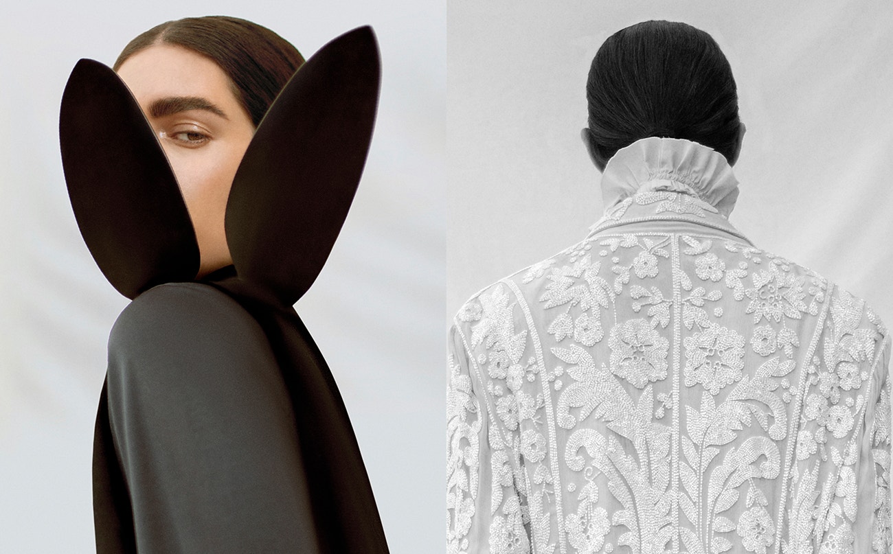 Vlevo: košile, Saint Laurent.  Vpravo: sako, Eavis & Brown London.